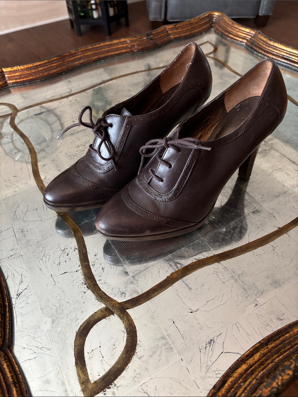LOFT Dark Brown Leather Lace-Up Heeled Oxfords